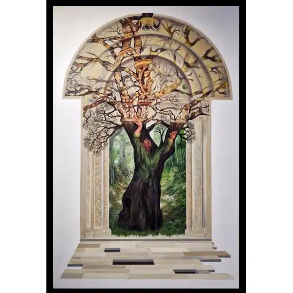 hommage à l'art roman avec le tympan de l'abbaye de charlieu qui apparaît avec les branches d'un arbres dont le tronc est habité par une femme qui danse en connexion avec le végétal
