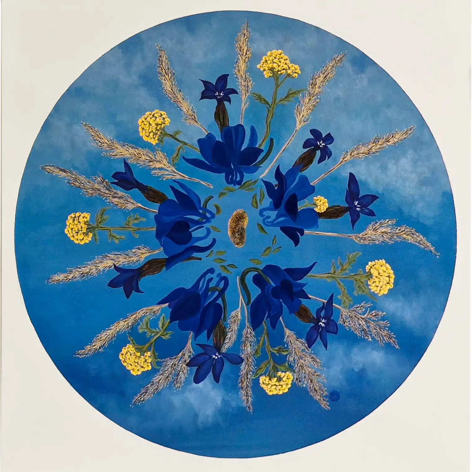 Peinture esprit mandala avec un fond ciel bleu, au centre une pierre arrondie lumineuse et des fleurs organisées en rayon avec immortelles, ancolies, gentianes et graminées